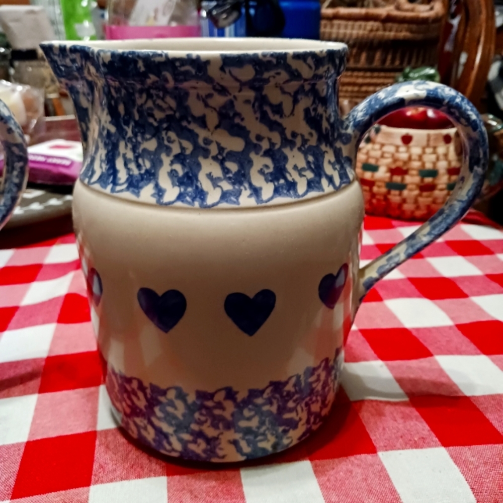 Roseville Pottery blue spongeware large pitcher with heart motif